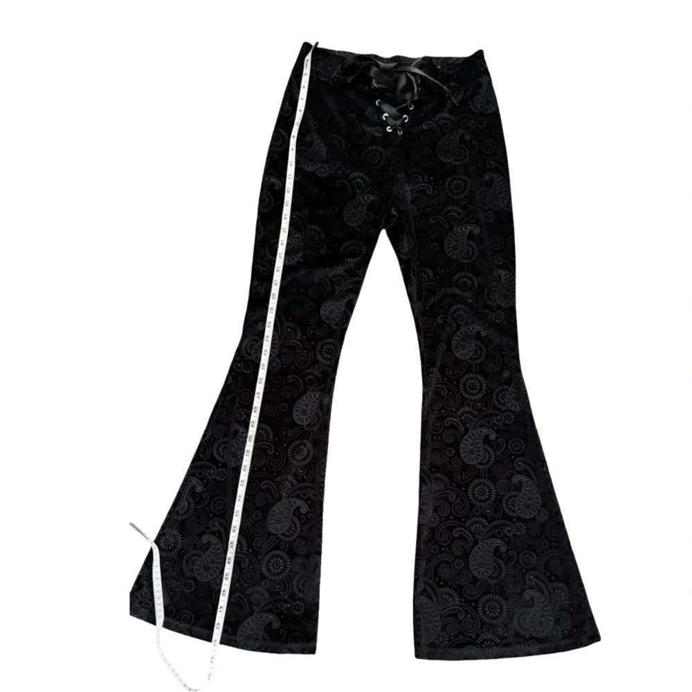 Goth Velvet Boho Gypsy Black Paisley Flare Pants - Picture 4 of 11